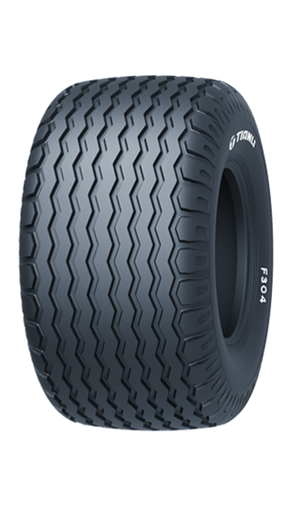 Side profile of Tianli F304 tubeless flotation tyre featuring parallel ribs and grooves, designed for agricultural implements and trailers.