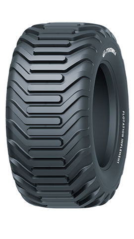 Side profile of Tianli Flotation Implement tyre showing wide, tubeless flotation tread ribs and grooves built for agricultural trailers and implements.