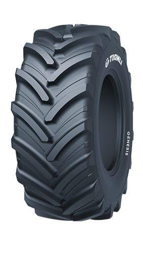 Front view of Tianli GENESIS radial tyre featuring angled lugs and wide footprint for excellent traction and power transmission
