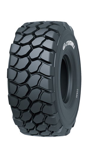 Tianli TU440 radial OTR tyre showing chunky multi-edged tread blocks and robust sidewalls for superior flotation and traction.
