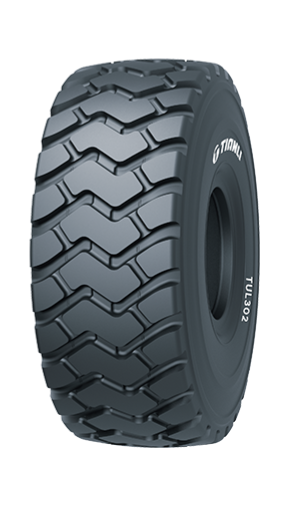 Front-angle view of Tianli TUL302 radial OTR tyre with zigzag tread and reinforced sidewall.