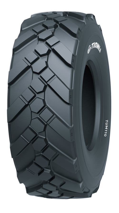 Front-angle view of Tianli TUM110 radial OTR tyre highlighting block tread pattern and robust radial casing.